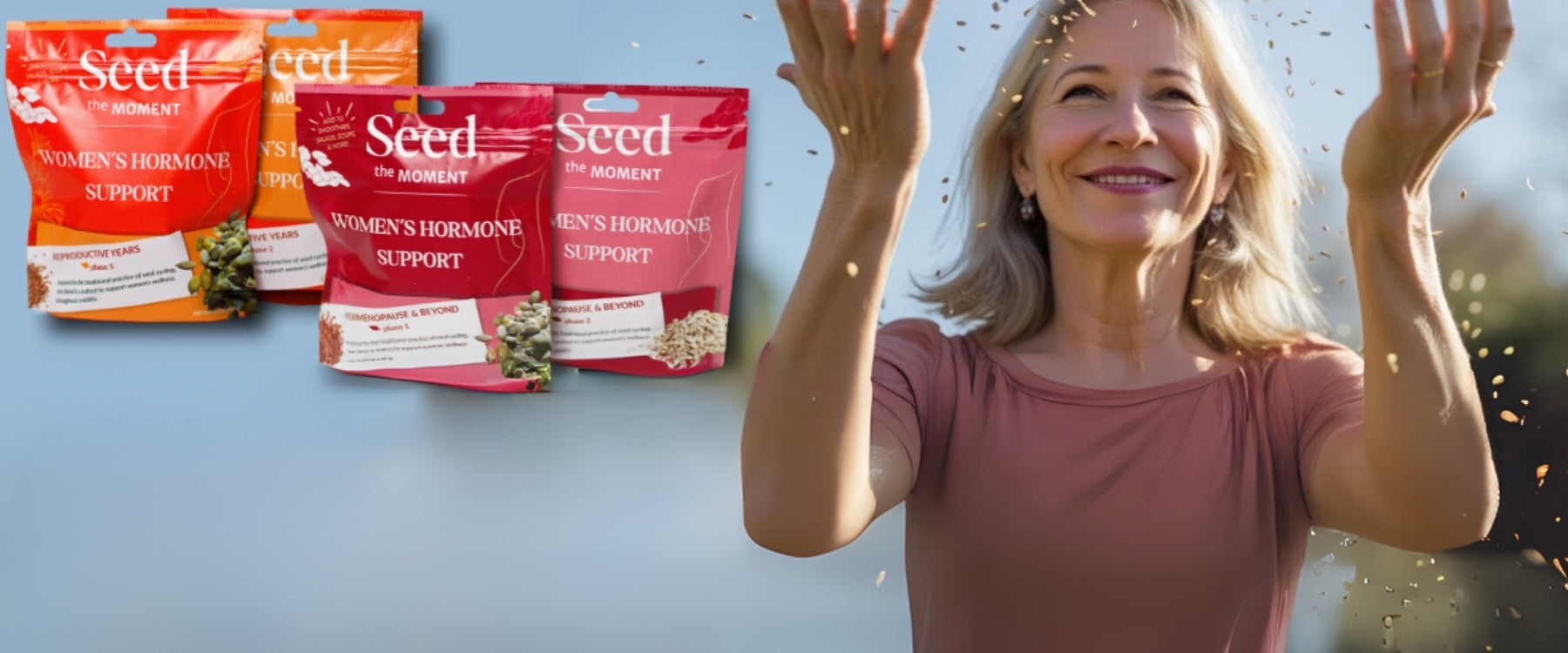 Woman throwing seeds into the air with 'Seed the Moment' product packaging in the background